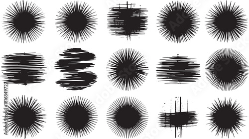 Black spiky starbursts and brush stroke textures abstract