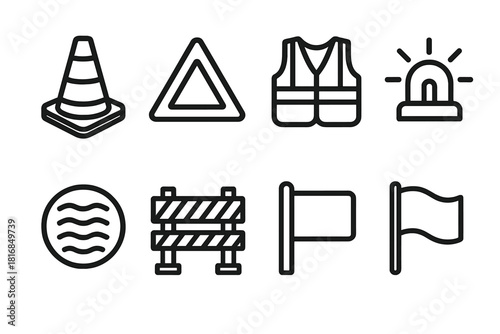 Road Safety Icons. Road Safety linear icon set: traffic cone, warning triangle, reflective vest, hazard light, speed limit sign, rumble strip, barricade, safety flag