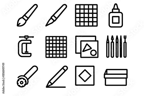 Creative Crafting Tools Icons. Creative Workshop Pack linear icon set: paintbrush, crafting knife, cutting mat, glue bottle, clamp frame, measuring grid, project board, small tools