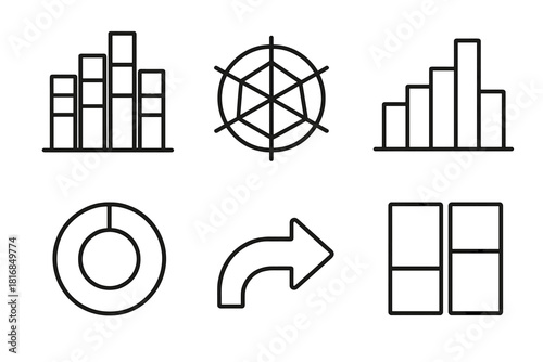 Visual Data Outline Icons. Analytical Visualization Set linear icon set: stacked bars, radar chart, histogram, donut chart, flow arrow, comparison blocks