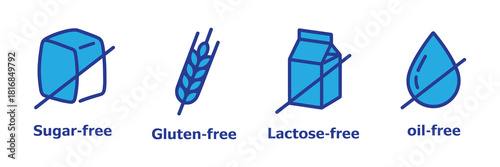 Collection of four blue icons representing dietary restrictions: sugar-free, gluten-free, lactose-free, and oil-free, isolated on white