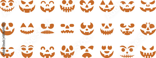 Halloween pumpkin face icon set with spooky jack o’ lantern expressions, cartoon carved silhouettes, scary emoji style designs for seasonal decoration and holiday graphics.