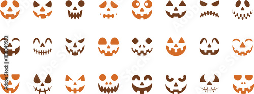 Halloween pumpkin face vector collection featuring cute, spooky, and scary jack o’ lantern expressions, carved cartoon icons, decorative silhouettes, and festive designs for seasonal artwork.