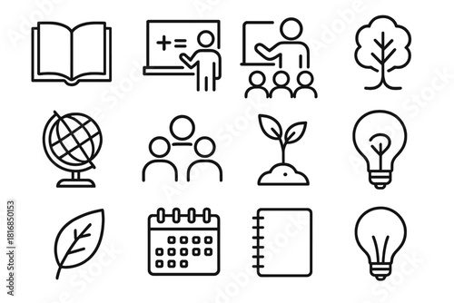 Educational Reforestation Icons. Educational Reforestation linear icon set. open book, chalkboard, teacher icon, classroom, globe, student group, plant, tree, leaf, calendar