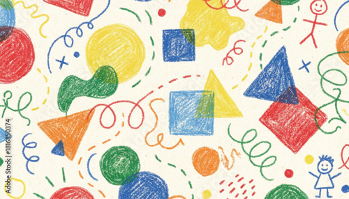 Funky crayon drawn geometric shapes and lines. Colorful pencil or chalk drawn naive Swiss design aesthetic. Basic geometric shapes, dots, playful pattern, primitive forms and figures