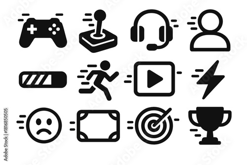 Bold Gaming Icons. Gaming Motion Tracking silhouette icon set: game controller, joystick, headset, character icon, progress bar, running figure, play button, energy bolt, reaction