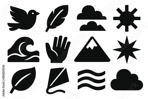 Bold Freedom Icons. Freedom Concept silhouette icon set: bird, feather, sky, sun, wave, open hand, mountain, star, leaf, kite, wind, cloud