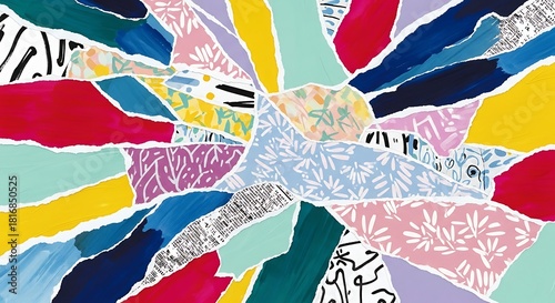 Vibrant and dynamic abstract collage background featuring a mosaic of torn paper pieces in diverse colors and patterns, creating an energetic, artistic, and visually rich texture