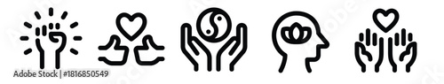 Wellness line icons representing health, fitness, yoga, and meditation.