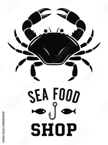 Elegant seafood shop logo design featuring a crab fishhook and fish silhouettes for businesses in the culinary industry and restaurants offering delicious marine cuisine