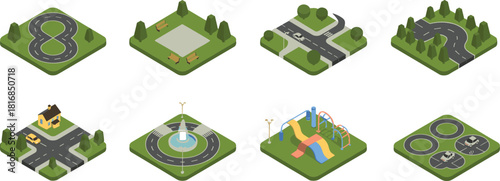 Isometric city map elements featuring roads, intersections, parks, playgrounds, houses, fountains, driving tracks, and landscape scenes for urban planning, architectural design, 