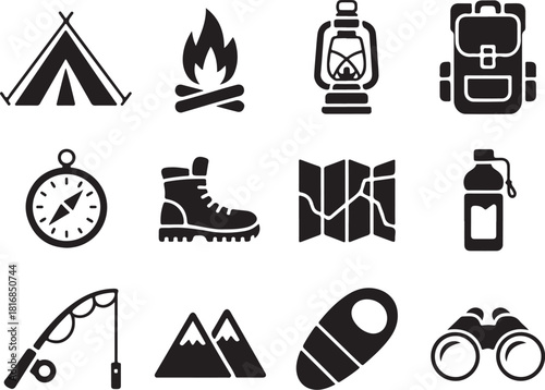 Essential camping gear icons for outdoor adventure
