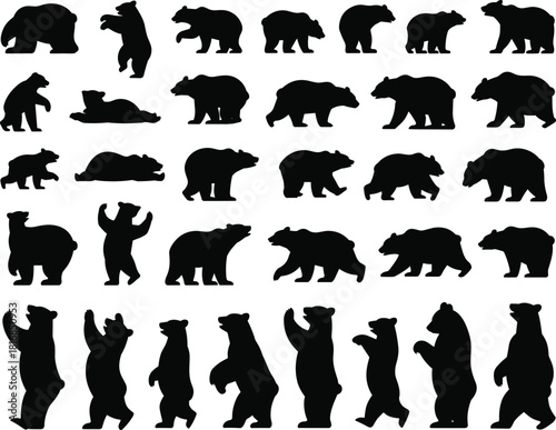 Large collection of wild bear silhouettes vector illustration set showing various poses like walking standing and roaring isolated on white background design