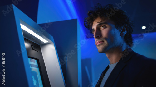 Wallpaper Mural Man using ATM machine at night in modern futuristic setting. Torontodigital.ca