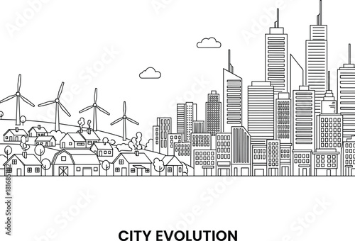 Linear vector illustration showing city evolution from rural village with wind turbines to modern urban metropolis with skyscrapers isolated on white for development concept.