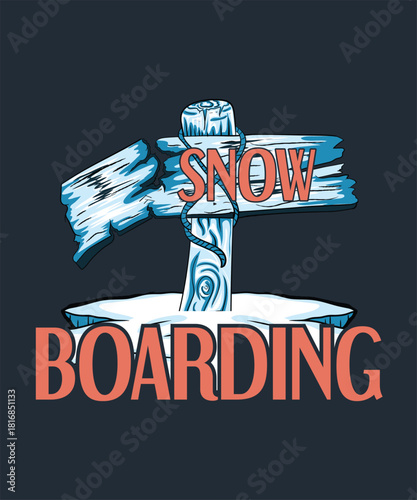 Snowboarding design with wooden signpost and rope around it for winter sport