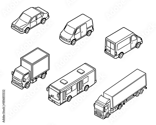 Isometric Commercial Vehicle Outline Icons Transportation Set including Sedan, Delivery Van, Box Truck, Bus, and Semi-Trailer Truck Line Art for Logistics & Travel Graphics.