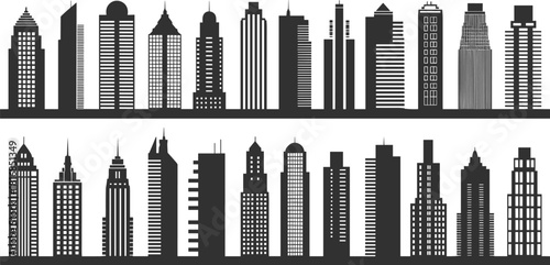 modern skyscraper silhouettes forming an urban city skyline, ideal for architecture designs, cityscape illustrations, metropolitan themes, and creative vector projects.