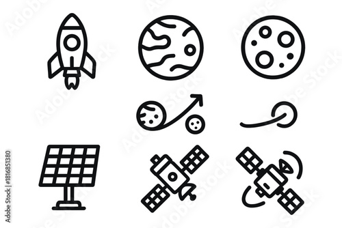 Space Adventure Icons. Interplanetary Journey linear icon set. spaceship, Mars, moon, solar panel, satellite, trajectory line