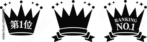 No.1 Ranking Crown Badges with Sparkles and Ribbon Elements in Black Silhouette Style for Award, Achievement, Bestseller, and Premium Ranking Label Designs