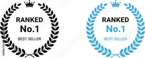 Ranked No.1 Best Seller Laurel Wreath Badge Set with Crown in Black and Blue Variations for Premium Ranking, Award, Certification, and Achievement Design