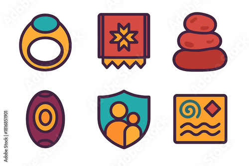 Heritage Icon Collection. Tradition flat icon set: heritage ring, embroidered cloth, set of ritual stones, crafted bead, family emblem, time-worn pattern
