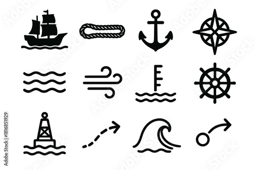 Nautical Icon Set. Sea Voyage linear icon set: ship silhouette, ocean ripple, nautical rope, anchor, star compass, wind lines, tide marker, navigation wheel, buoy symbol, route