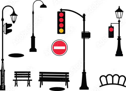 Set of urban street elements including traffic lights with color signals park benches lampposts and red road sign isolated on white background for city maps.