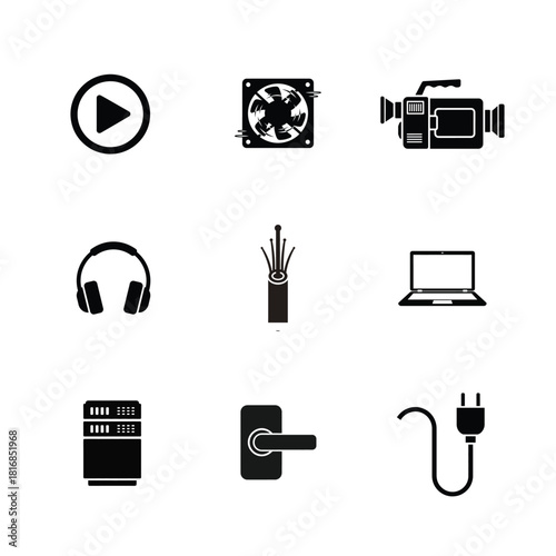 Collection of technology and automotive icons in black and white