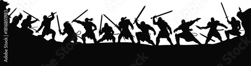 Silhouette vector illustration of ancient medieval or fantasy warriors fighting an epic battle with swords isolated on white background banner design element