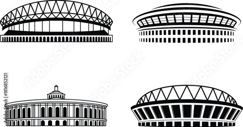 stadium and arena icons black silhouettes of sports buildings and government architecture isolated on white background for modern city logo design