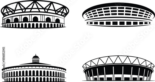 Stadium and arena illustration set featuring round sports venues, domed buildings, and architectural silhouettes for event design, city projects, and construction concepts