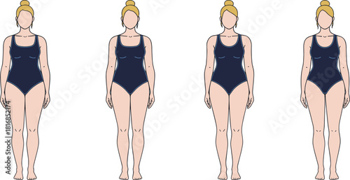 standing female character body templates in dark swimsuit front view for fashion illustration and swimwear design isolated on white background vector