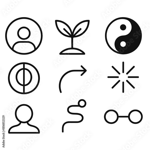 Flourishing Mindset Icons. Flourishing Mindset Concepts linear icon set: wellbeing circle, growth arc, harmony shape, vitality spark, inner alignment ring, renewal arrow, purpose