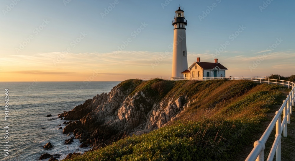 Naklejka premium Tall white coastal beacon stands guard above rocky shoreline at sunset
