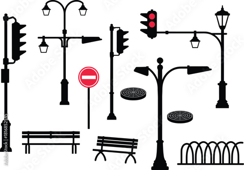 Urban street elements vector set featuring traffic lights, lampposts, benches, road signs, manhole covers, and decorative barriers for city design and illustration projects