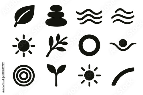Nature Balance Icons. Nature-Inspired Balance Elements Set silhouette icon set: leaf arc, smooth stone stack, flowing wave, gentle breeze line, soft sun, curved branch, balanced
