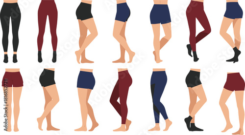 Vector collection of female legs wearing leggings and shorts in various poses front and side views isolated on white background for sportswear apparel design.