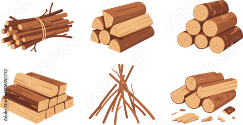 Vector collection of firewood logs and timber stacks featuring chopped wood piles and tree branches for camping bonfire and cozy winter fireplace heating design