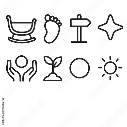 Symbols of New Beginnings. Life Beginning linear icon set: cradle symbol, tiny footprint, early steps marker, soft star, nurturing hands, growth leaf, origin circle, gentle glow