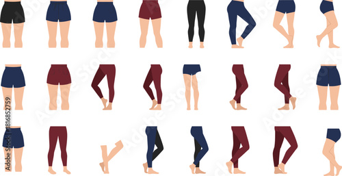 Vector collection of female legs wearing shorts and leggings in various poses front and side views isolated on white background for sportswear apparel design templates.