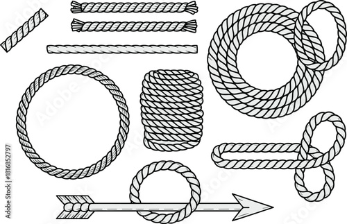 Vector collection of rope elements including loops, knots, coils, borders, and arrow designs, ideal for nautical themes, decorative illustrations, craft projects, and rustic artwork.