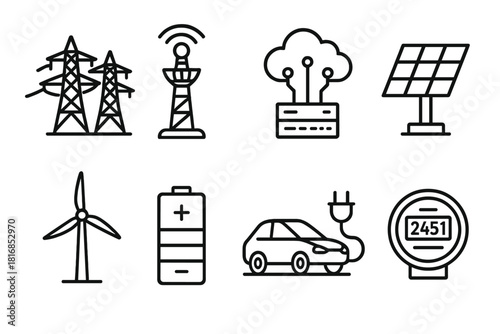 Smart Energy Icons. Smart Energy Network linear icon set. power lines, control tower, data hub, solar panel, wind turbine, battery storage, electric car, smart meter