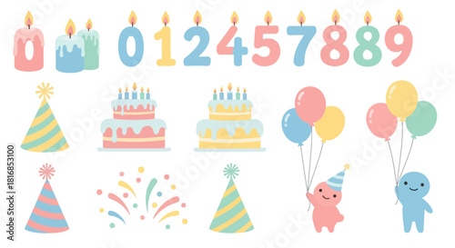 Cute birthday celebration elements including colorful candles, festive cakes, party hats, balloons, and confetti, perfect for party invitations and decorations