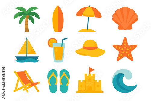 Vibrant Beach Icons. Beach Destinations flat icon set: palm tree, surfboard, beach umbrella, seashell, sailboat, cocktail, sun hat, starfish, beach chair, flip-flops, sandcastle