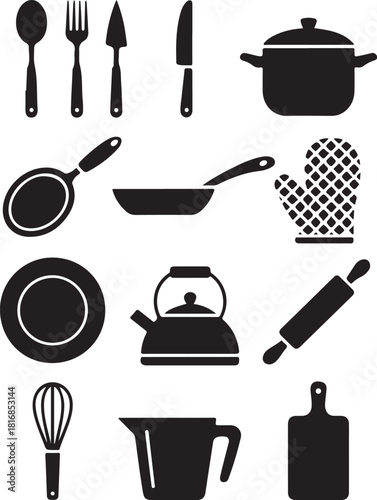 Modern kitchen utensils in elegant black silhouette
