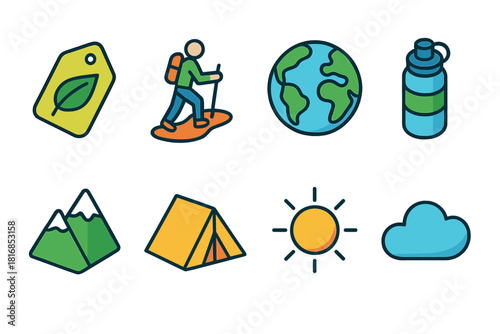 Conscious Tourism Icons. Conscious Tourism flat icons set. eco label, hiking trail, globe, refill bottle, mountain, tent, sun, cloud