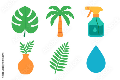 Minimal Tropical Icons. Tropical Plants flat icon set: monstera leaf, palm tree, spray bottle, vase, fern, droplet