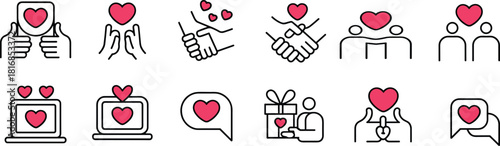 Vector line icons set of friendship and love symbols featuring hearts handshakes and people for community support charity and relationship concepts isolated on white.