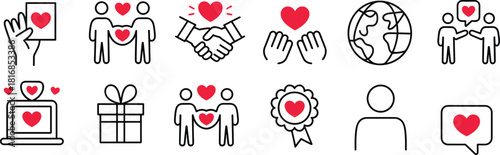 Vector line icons set of friendship day symbols featuring hearts handshakes and people for community support partnership and charity concepts isolated on white background.